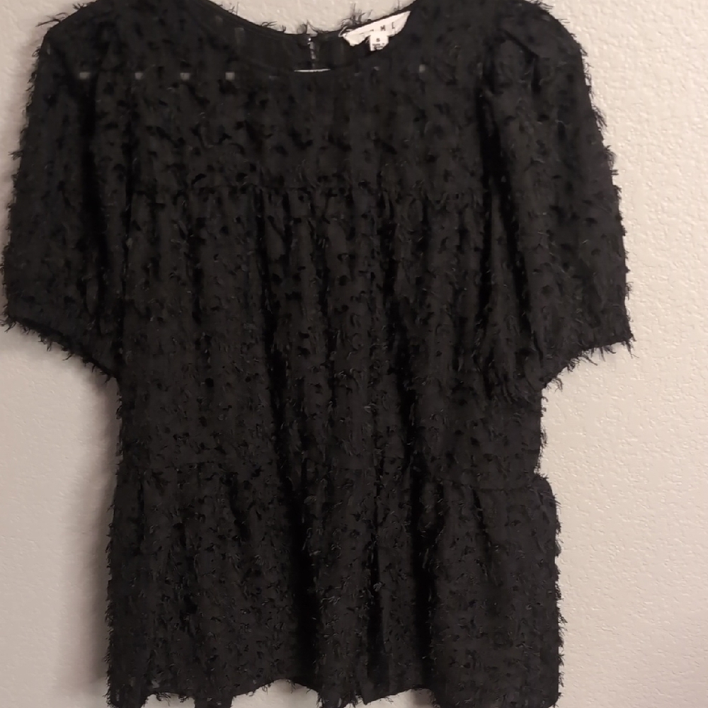 THML Black Textured Fringe Short Sleeve Top